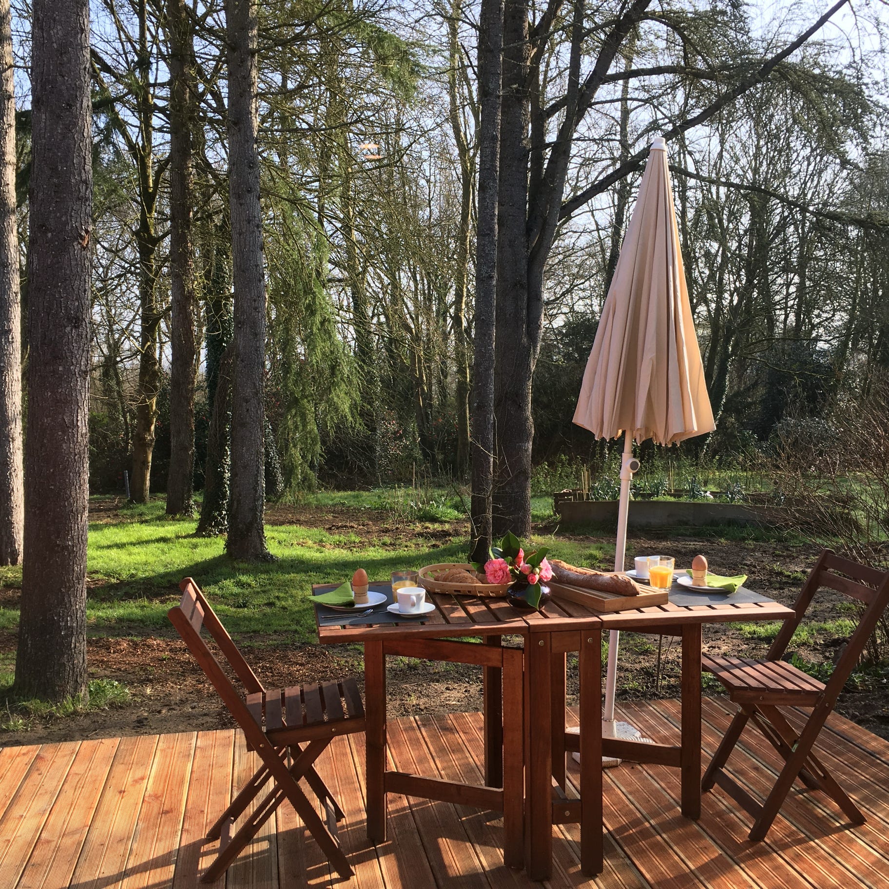 Petit-déjeuner sur la terrasse de la Maison de vacances pour deux au Manoir de Goaz Froment, vue sur le jardin et la forêt dans une ambience champêtre 