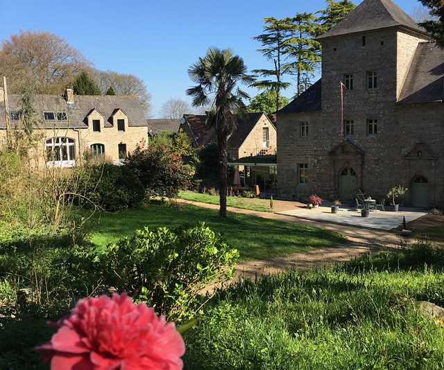 Camélia en fleur et fond le Manoir breton Goaz Froment et les gîtes Maison du four (pour 2), La Grange (pour 4) et la Métairie (pour 4)