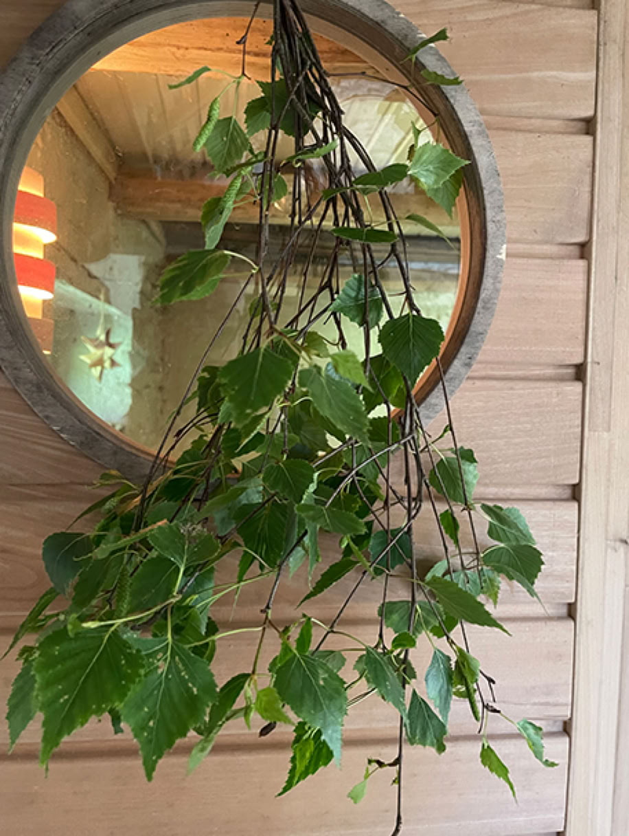 Porte d'entrée de la cabine de sauna chauffée au bois qui peut être loué par les vacanciers au gîte du Manoir de Goaz Froment. Une branche de bouleau 